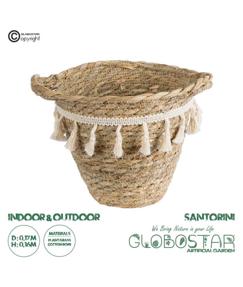 GloboStar® Artificial Garden SANTORINI 20572 Διακοσμητικό Πλεκτό Κασπώ Γλάστρα - Flower Pot Μπεζ με Λευκό Φ17 x Υ16cm